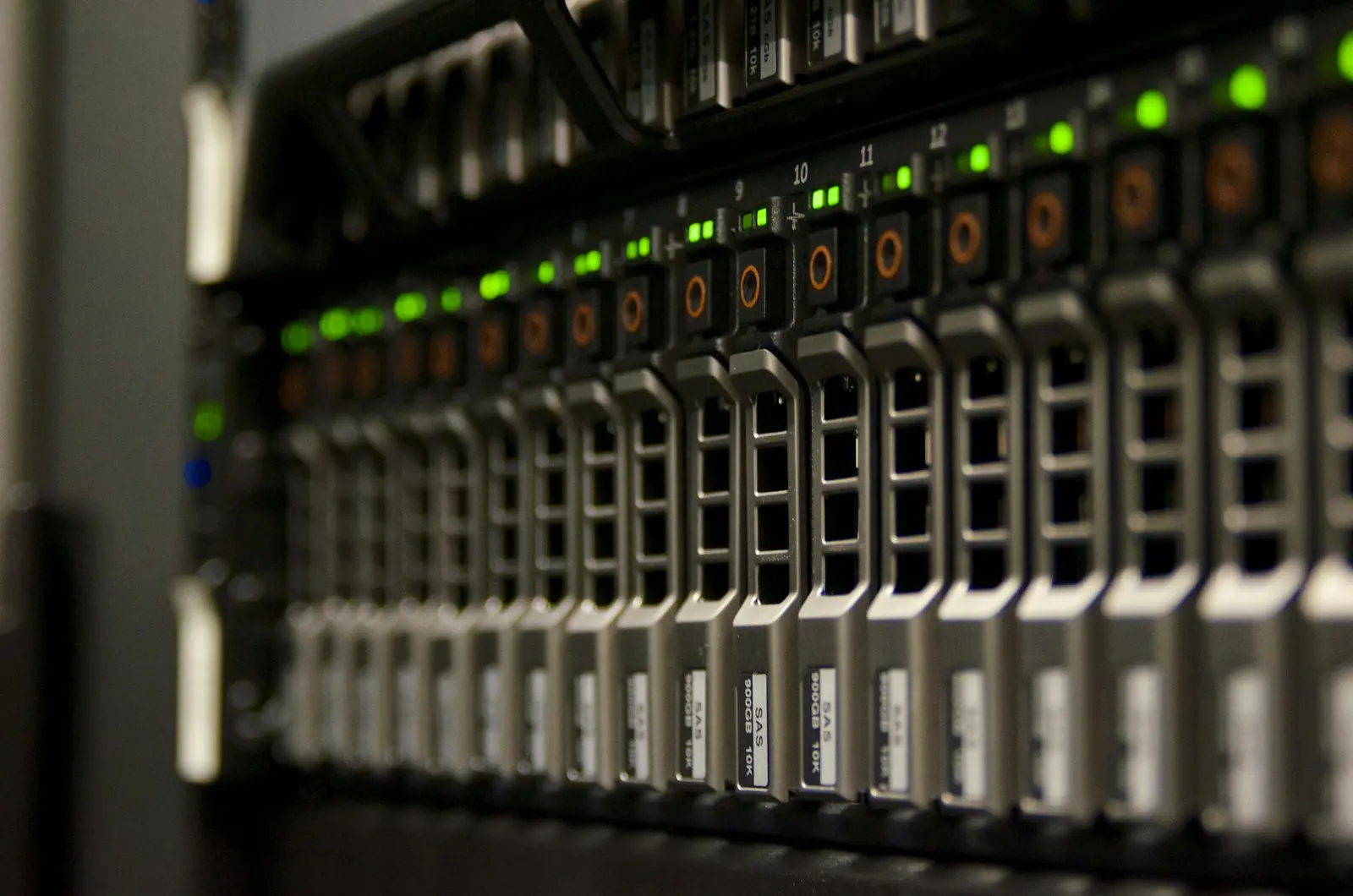 Server rack with network equipment and status lights
